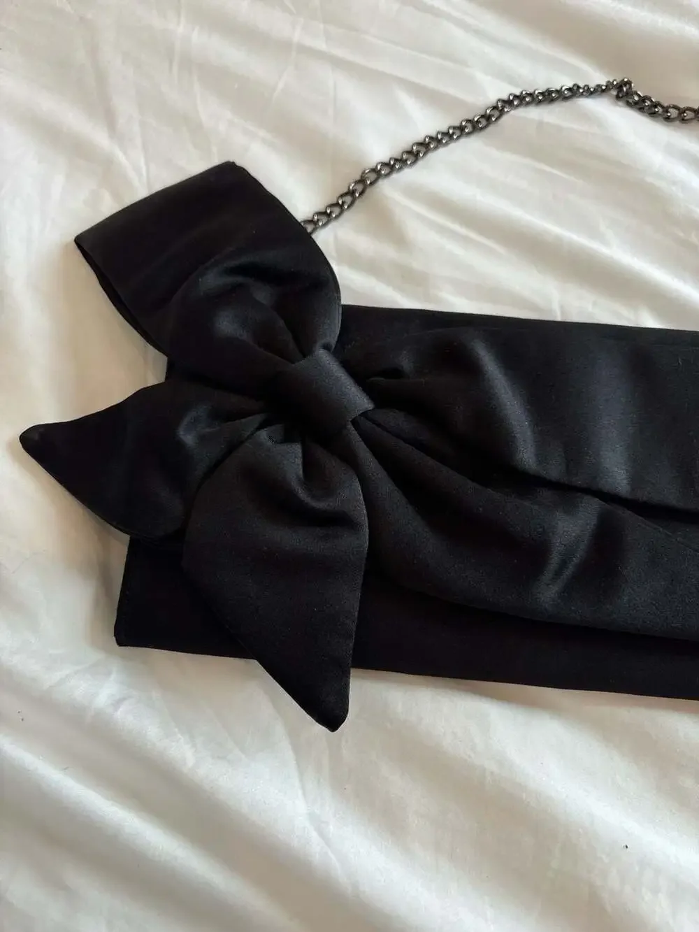 White House Black Market Black Satin Large Bow Chain Strap Evening Clutch - Picture 2 of 11